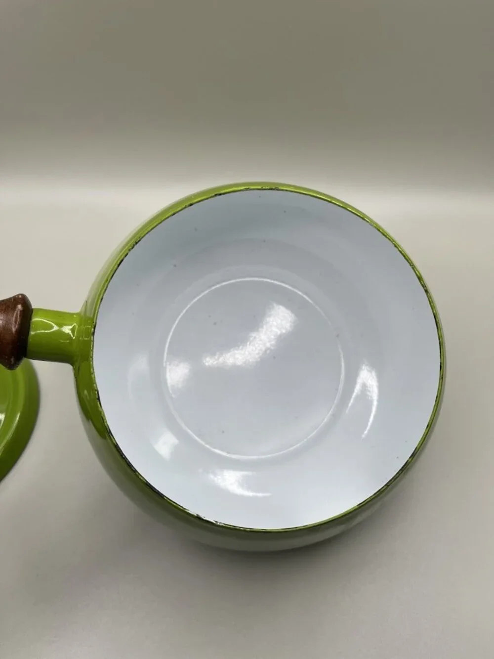 Vintage Enamel Mid Century Avocado Green Wood Handle Sauce Pan MCM Retro 70s